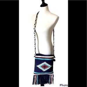 NEW America and Beyond A&B Fringe Woven Crossbody Purse Bag Southwestern Blue